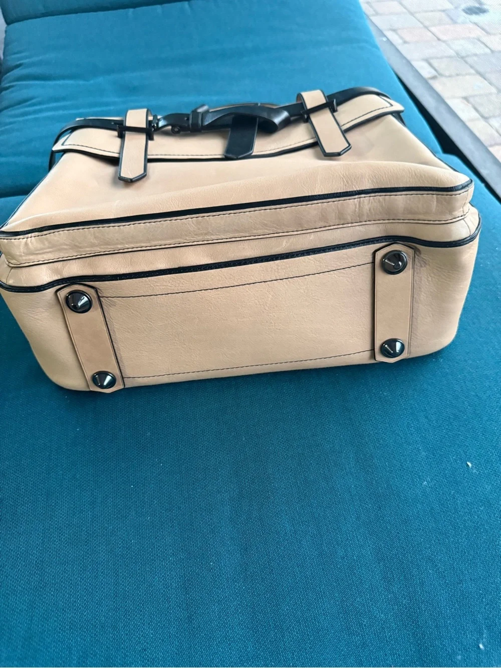 Men's Leather Tote Bag in Beige with Black Trim